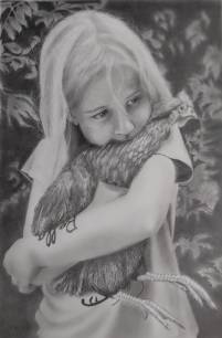 hyperrealistische Zeichnung Kind mit langem Haar und Haustier